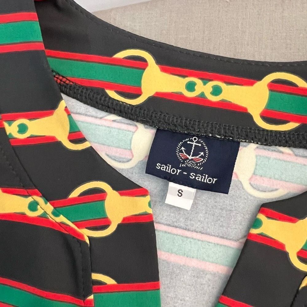 Sailor-Sailor black 3/4 sleeve red green striped chain print shift dress size sm - Picture 7 of 9